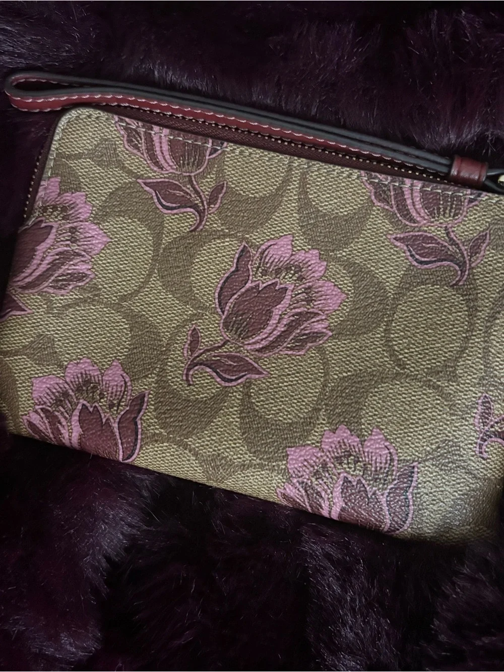 Coach Brown Signature Wristlet with Pink Floral Print
